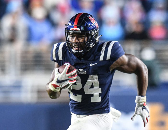 Ole Miss running back Snoop Conner (24) runs for a first down against Alabama at Vaught-Hemingway Stadium in Oxford, Miss. on Saturday, October 10, 2020. (Bruce Newman)